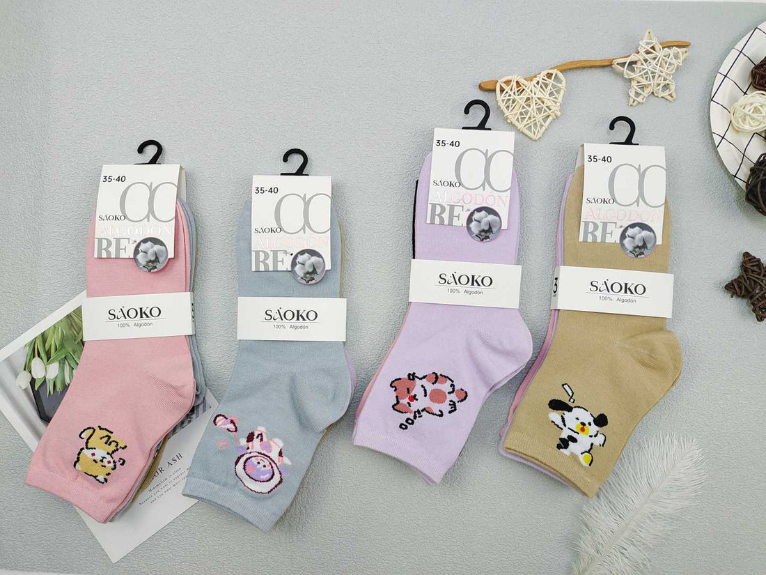 Calcetín Mujer Algodón Tobillero Animalitos